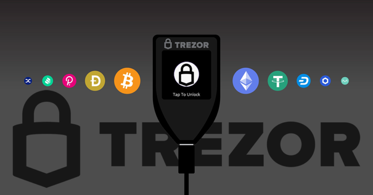 Picture of Trezor One and the tokens it supports