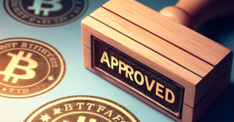 Bitcoin ETF Approval Seal - An official 'Approved' seal with Bitcoin motif